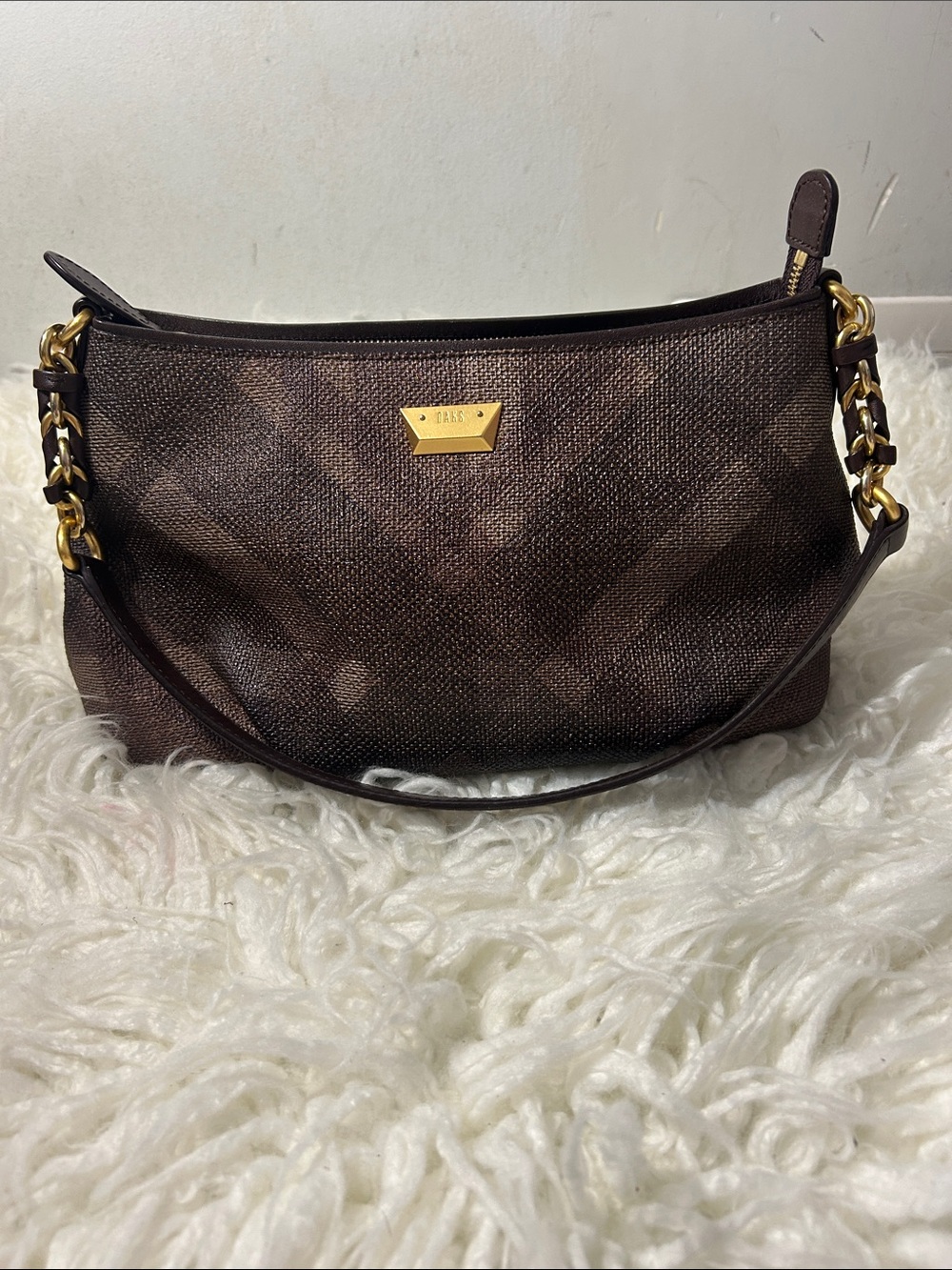 DAKS Brown Designer Shoulder Bag with Gold Hardware size small